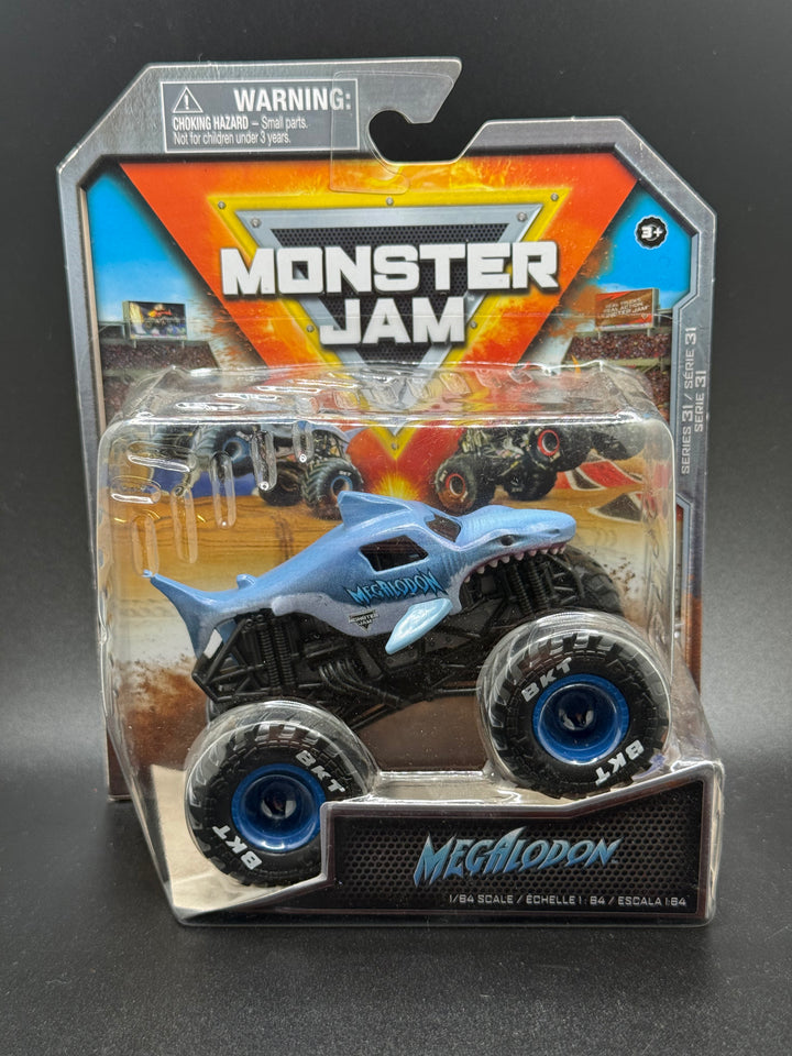 Monster Jam Megalodon 1:64 truck in blue and grey in its blister pack, series 31