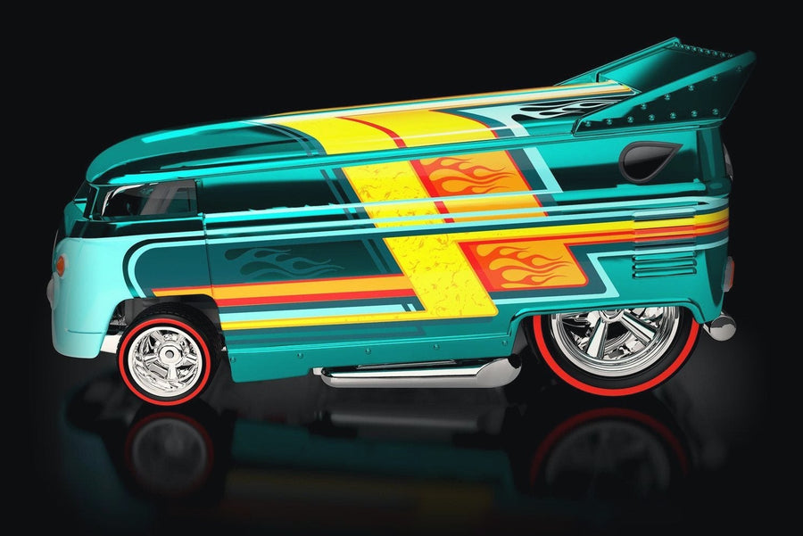 Hot Wheels VW Drag Bus on a black studio floor