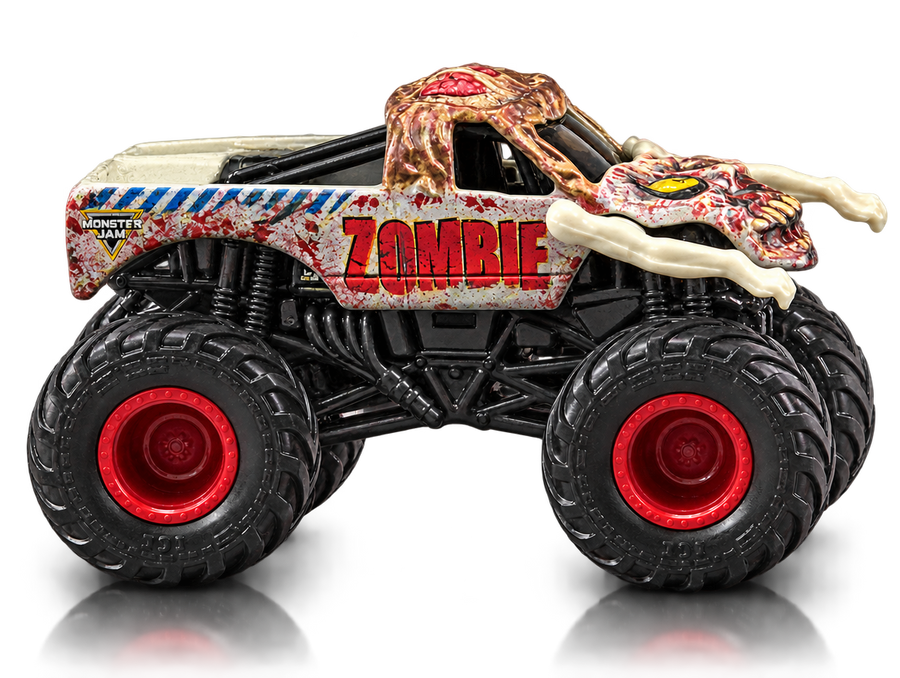 Monster Jam Zombie facing right with a soft tyre shadow and subtle floor reflection