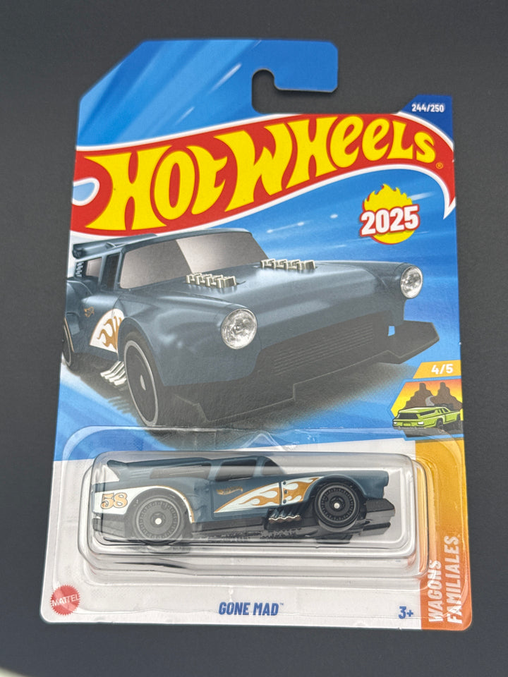 Hot Wheels Gone Mad in dark blue on its 2025 mainline blister card, Wagons series