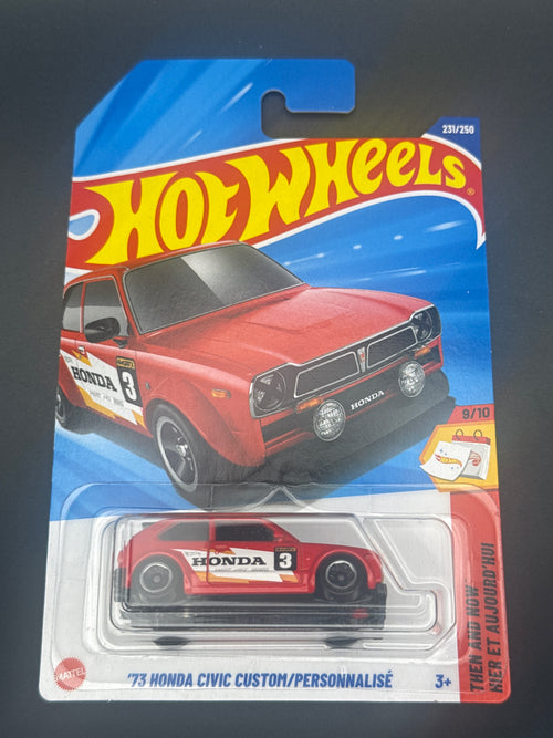 Hot Wheels '73 Honda Civic Custom in red, number 3, on its mainline blister card, Then and Now series