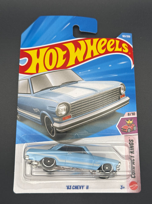 Hot Wheels '63 Chevy II in light blue on its mainline blister card, Compact Kings series