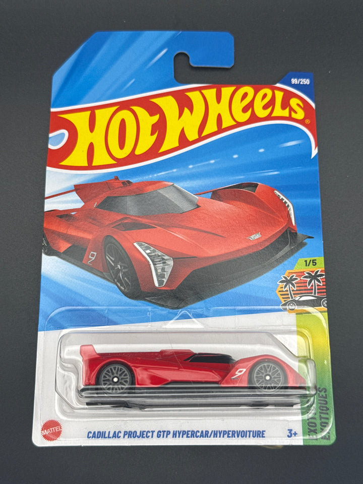 Hot Wheels Cadillac Project GTP Hypercar in red on its mainline blister card, HW Exotics series