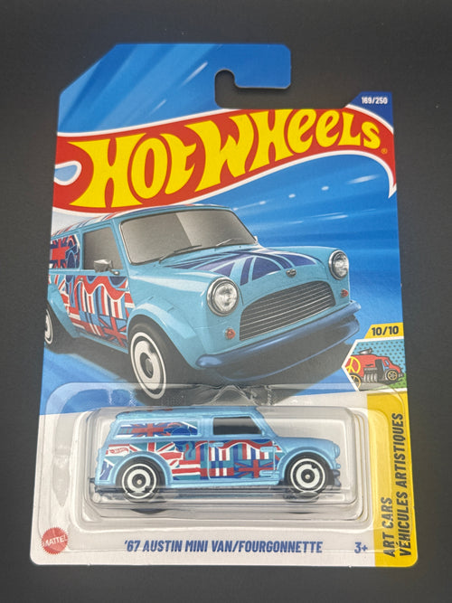 Hot Wheels '67 Austin Mini Van in light blue on its mainline blister card, Art Cars series