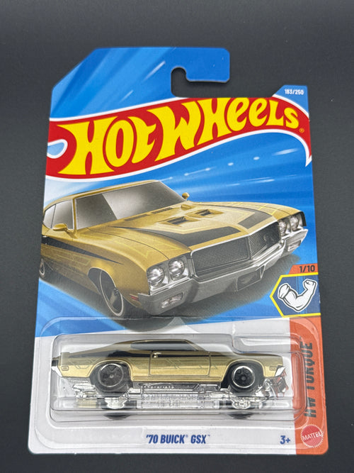 Hot Wheels '70 Buick GSX in gold on its mainline blister card, HW Torque series