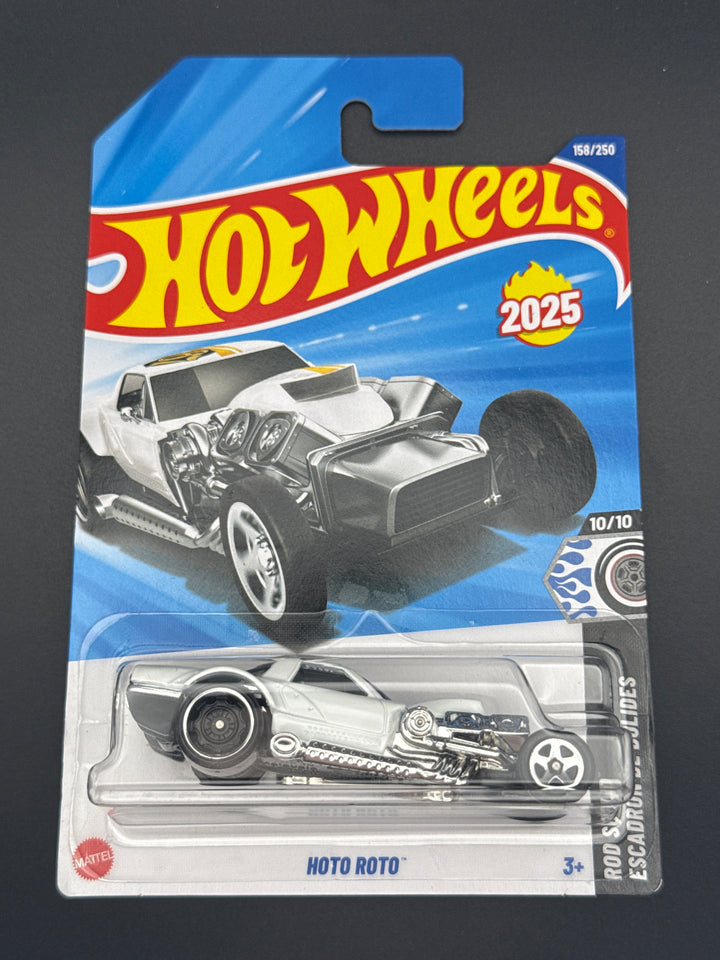 Hot Wheels Hoto Roto in silver on its 2025 mainline blister card, Rod Squad series