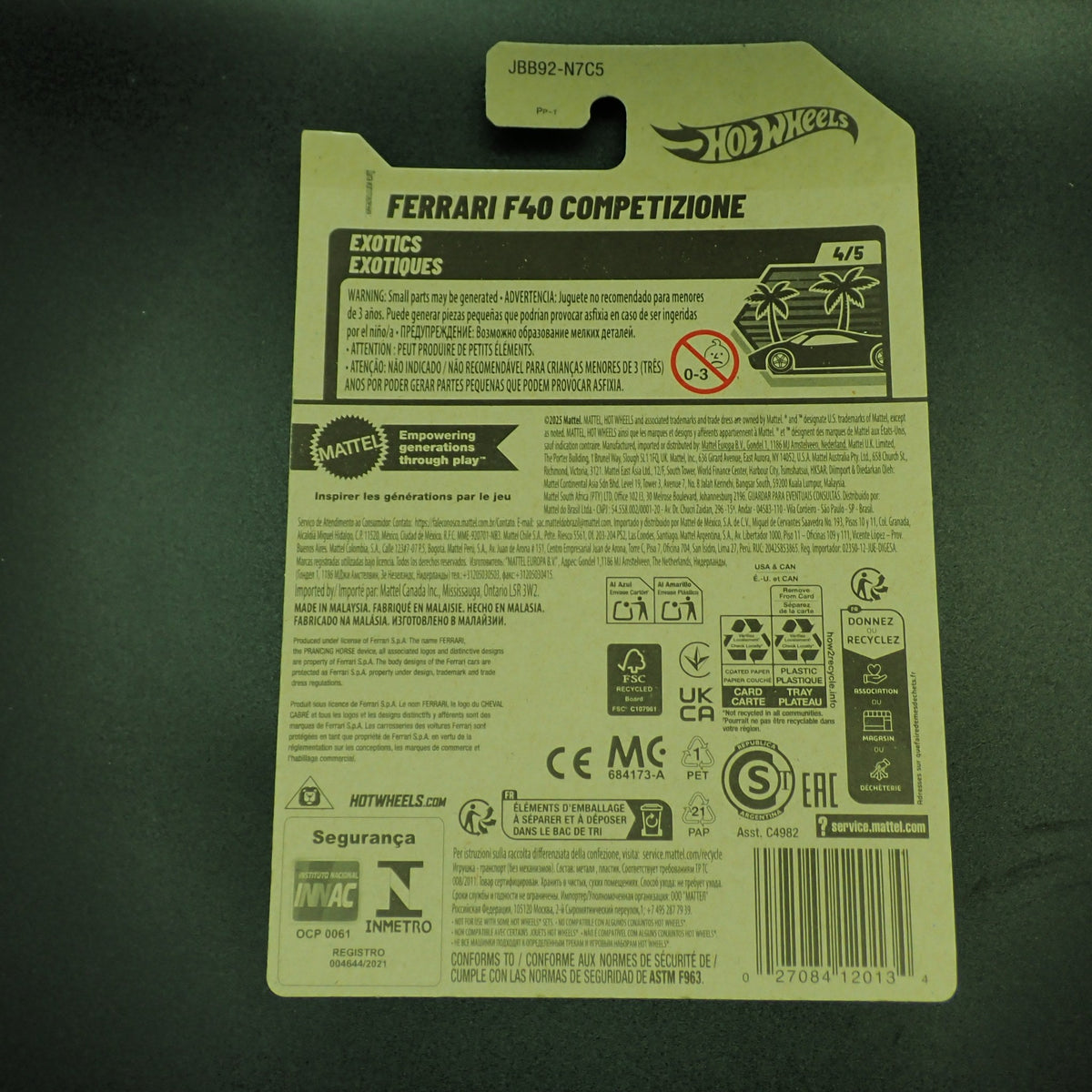 Hot Wheels Exotics Ferrari F40 Competizione Yellow 1:64, back of card