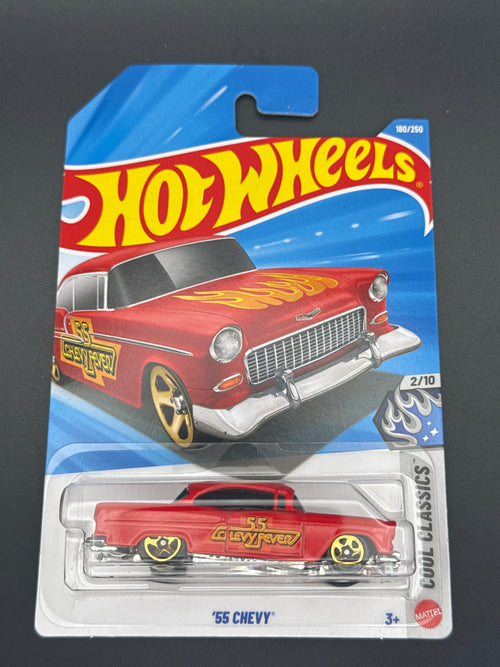 Hot Wheels '55 Chevy in red with yellow flames on its mainline blister card, Cool Classics series