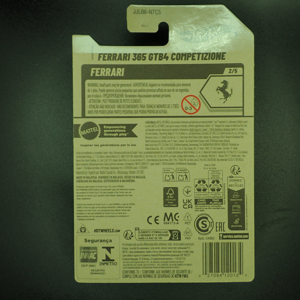 Hot Wheels Ferrari 365 GTB4 Competizione White 1:64, back of card
