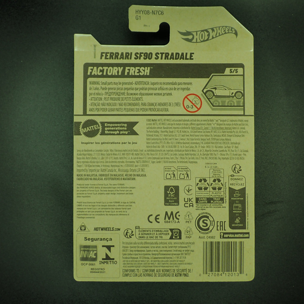 Back of the Hot Wheels Ferrari SF90 Stradale card, Factory Fresh series