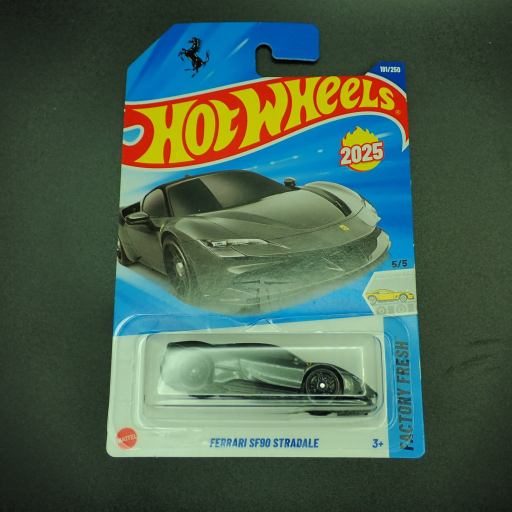 Hot Wheels Ferrari SF90 Stradale in grey on its 2025 blister card, Factory Fresh series