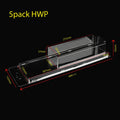 Long clear protector case with hang tab, labelled 5pack HWP, shown empty with measurements marked: 446 x 152 x 55 mm