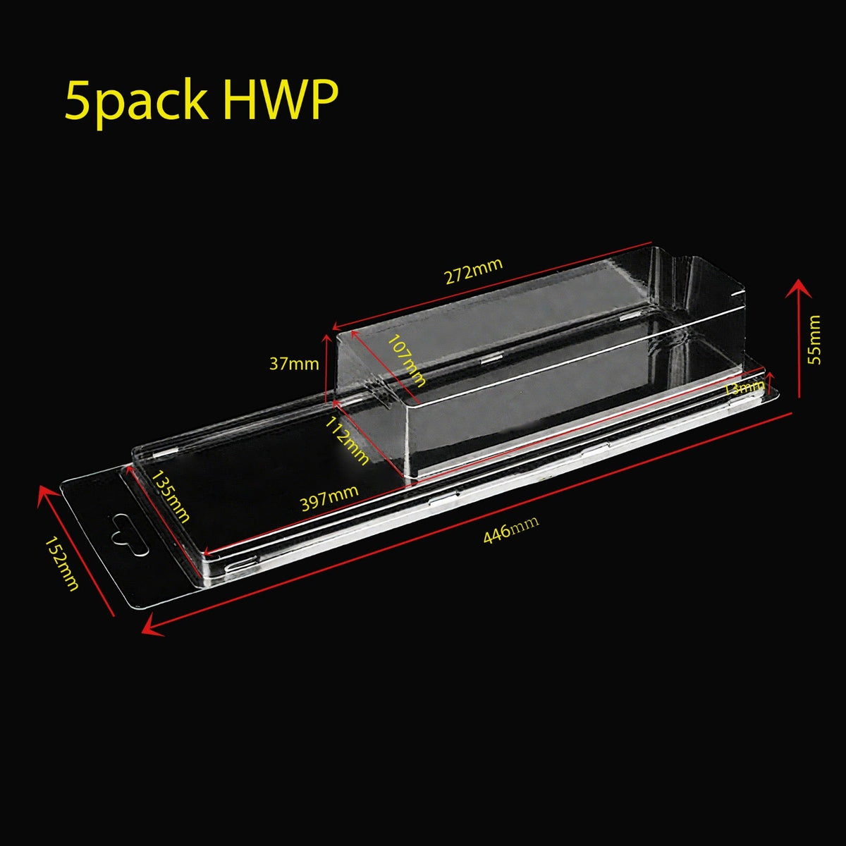 Long clear protector case with hang tab, labelled 5pack HWP, shown empty with measurements marked: 446 x 152 x 55 mm