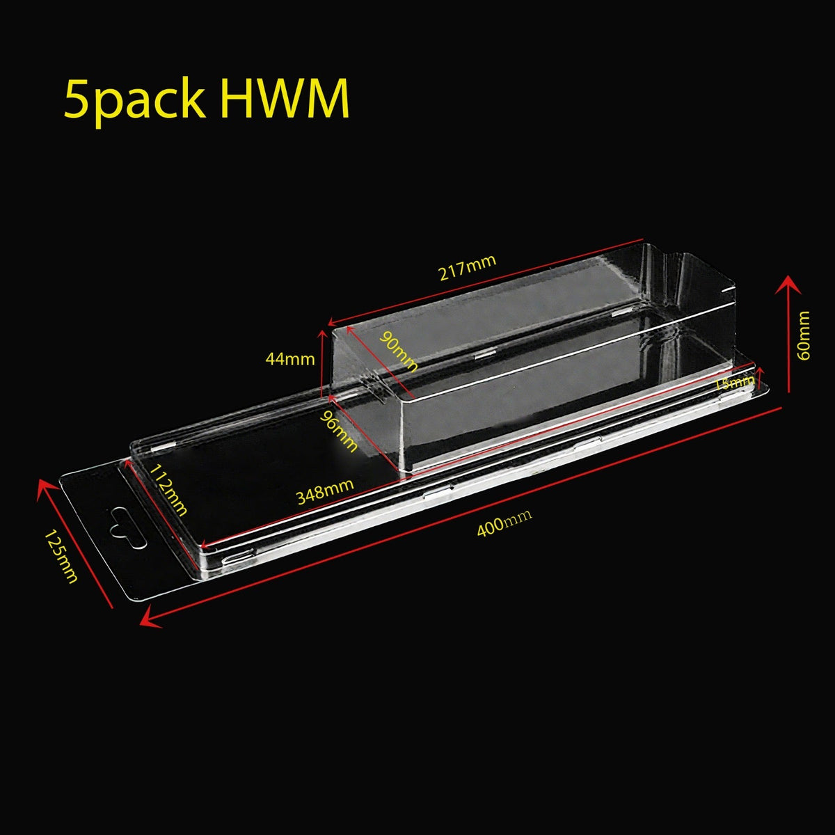 Long clear protector case with hang tab, labelled 5pack HWM, shown empty with measurements marked: 400 x 125 x 60 mm