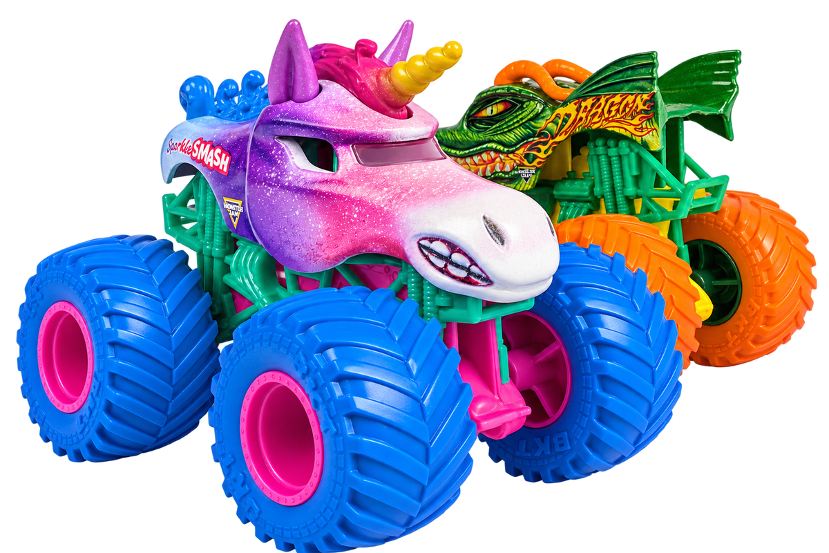 Dragon and Sparkle Smash Monster Jam two-pack trucks without packaging